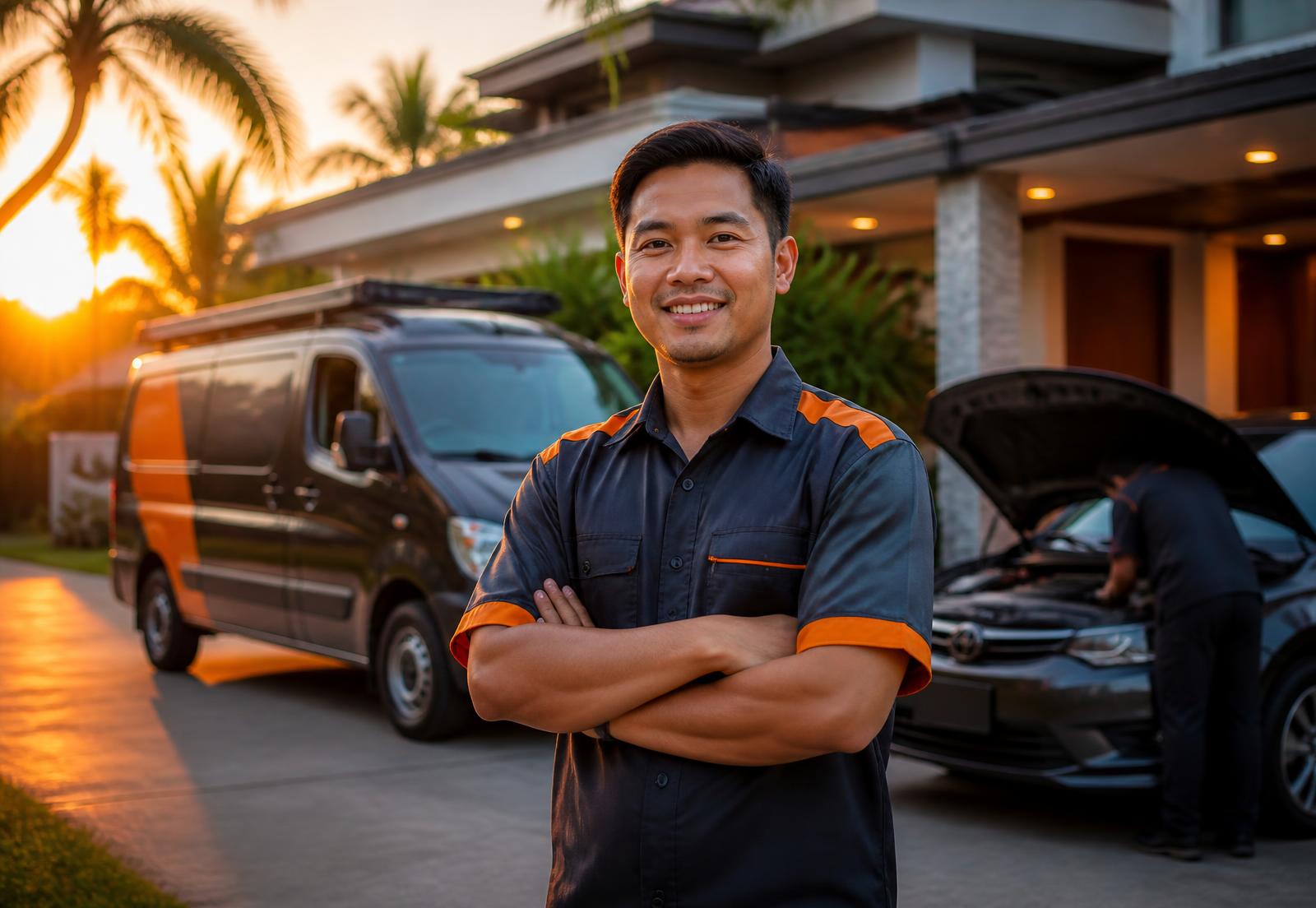 New Leaf service professional in front of a Davao City home with a service van and vehicle