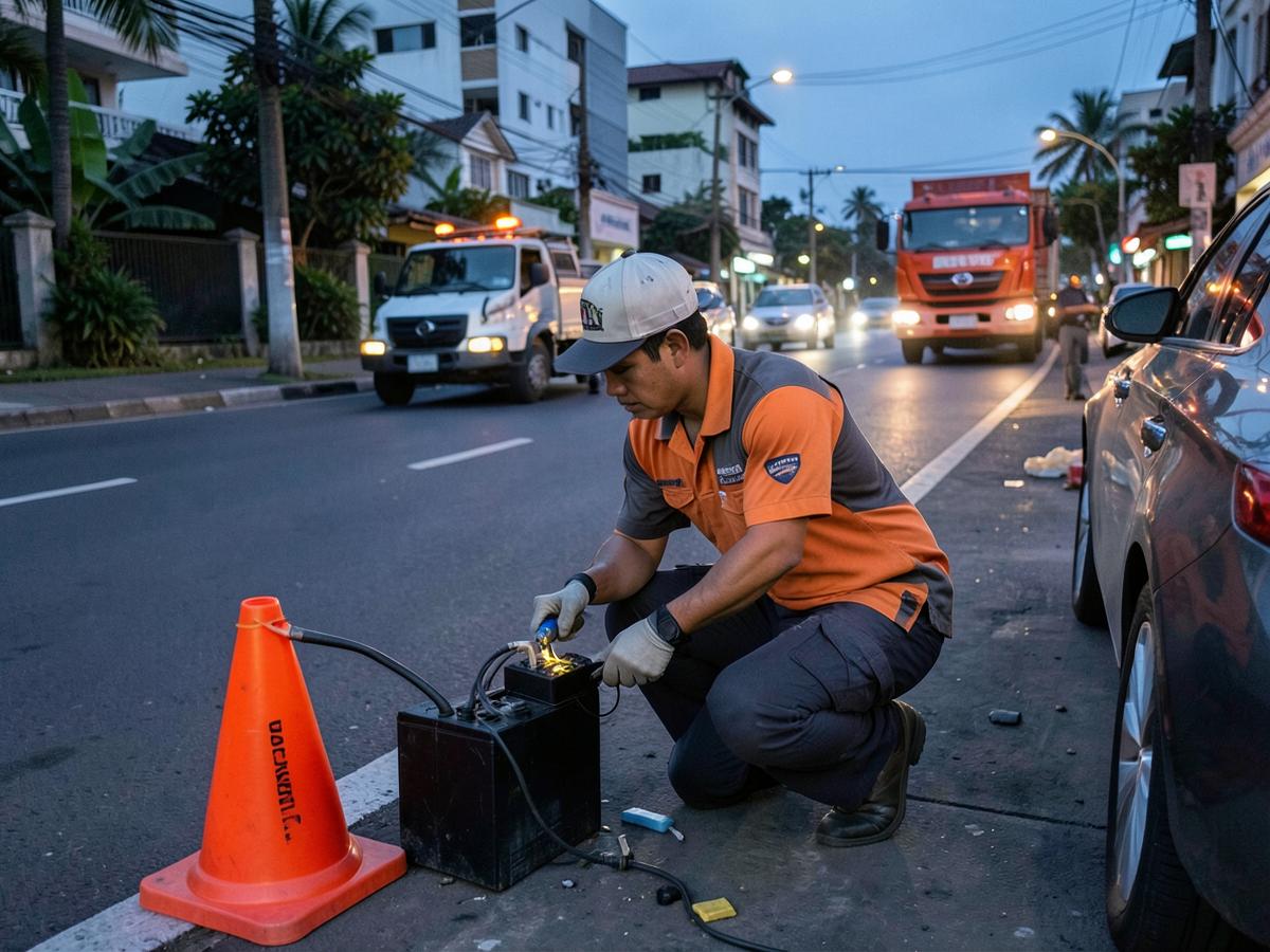 Roadside mechanic assisting a stranded motorist at dusk